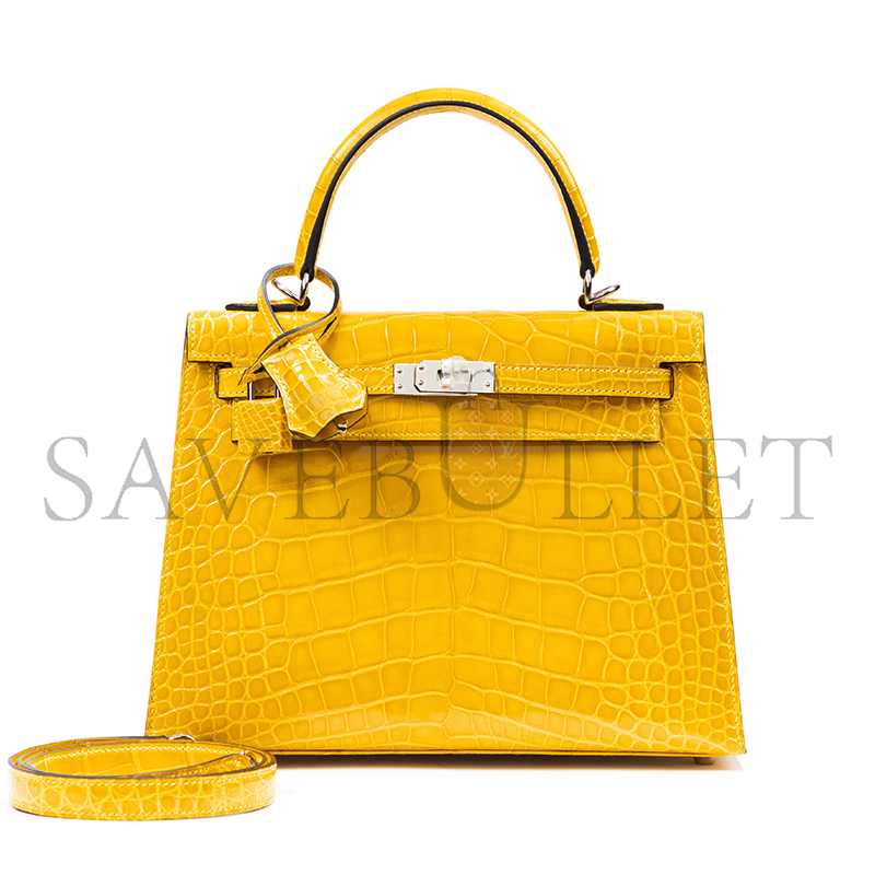 H**mes master kelly 25 nile crocodile leather amber yellow silver buckle (25*17*7cm)